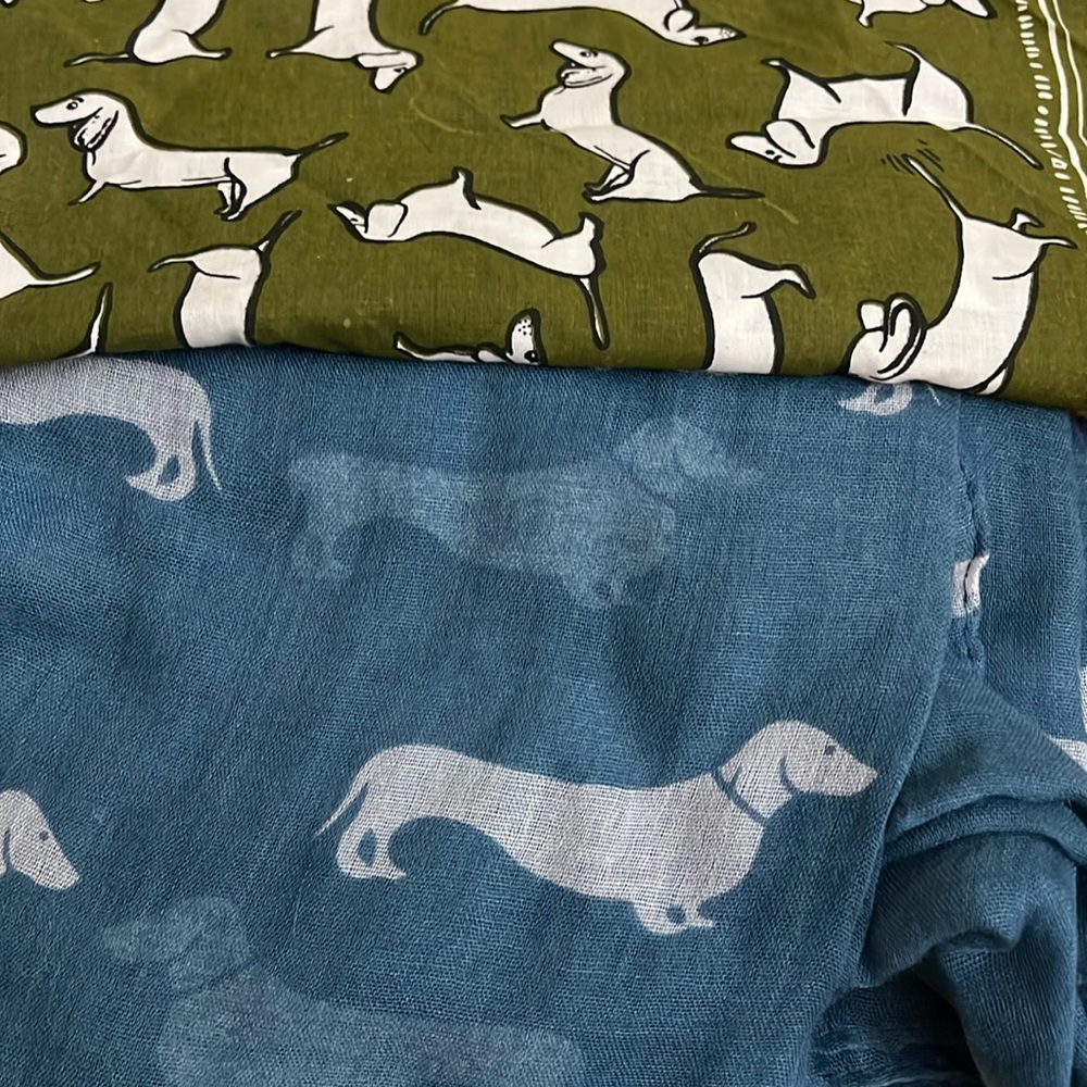 One dachshund long blue scarf, one dachshund army green handkerchief.